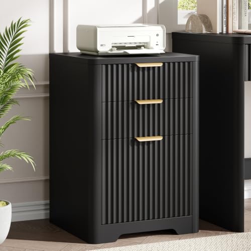 Image of Halitaa 3 Drawers File Cbinet, Fluted Wood Lateral Filing Cabinet, Black