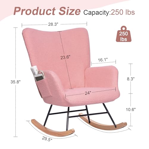 VECELO Rocking Chair Nursery Teddy Upholstered Glider Rocker with High Backrest, Padded Seat, Side Pocket, for LivingRoom, Bedroom, Baby Room