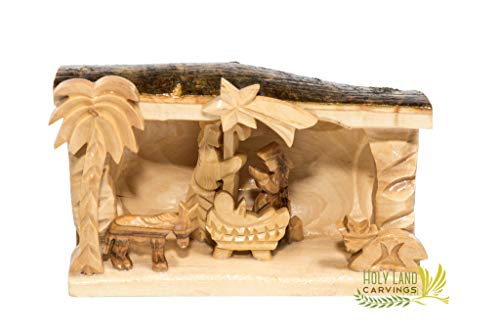 Generic Nativity Scene in Manger Carved Inside of a Solid Piece of Olive Wood Branch - Christmas Tree Nativity Set Décor Made in The Holy Land 5.6 X 3.5 Inches