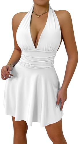 FEOYA Sexy Neckholder-Kleid für Damen, tiefer V-Ausschnitt, rückenfrei, fließend, verstellbarer Krawatte, Rüschensaum, Club-Party, Minikleider,...