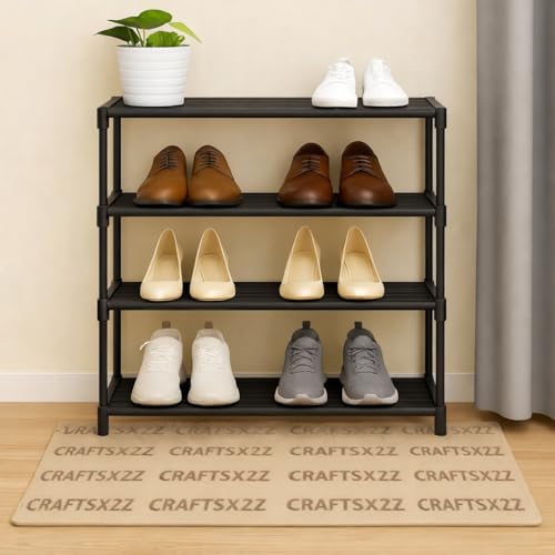 CraftsX2Z 4 Tier Foldable & Stackable Shoe Rack Organizer for Home Storage | Lightweight Durable Plastic Shoe Stand for Bedroom Entryway Hallway Closet | Space Saving Shoe Storage Shelf (R-4)