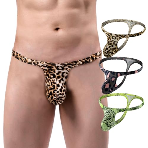 Men's Sexy Thong Underwear T Back Bikini Briefs Low Rise G String Lingerie Leopard Print Panties 3 Pack