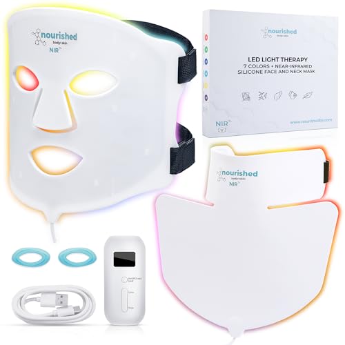 Nourished Bodynskin Máscara LED de 7 Colores para Cara y Cuello con Infrarrojo Cercano - Terapia de Luz Azul y Roja para la Cara - 228 LED - Herramienta de Cuidado de la Piel para Anti-Envejecimiento