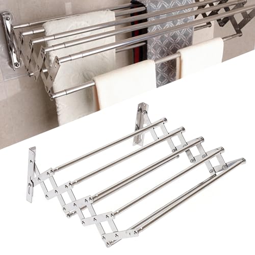 RUETERY Tendedero de pared de acero inoxidable, plegable, tendedero de pared con 5 barras, toallero de metal para baño, 42-80 cm de ancho