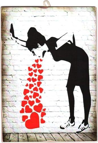 KUSTOM ART Cuadro de pared estilo vintage Serie Artistas Internacionales Banksy Vomitare Corazones Impresión sobre madera 10 x 15 cm