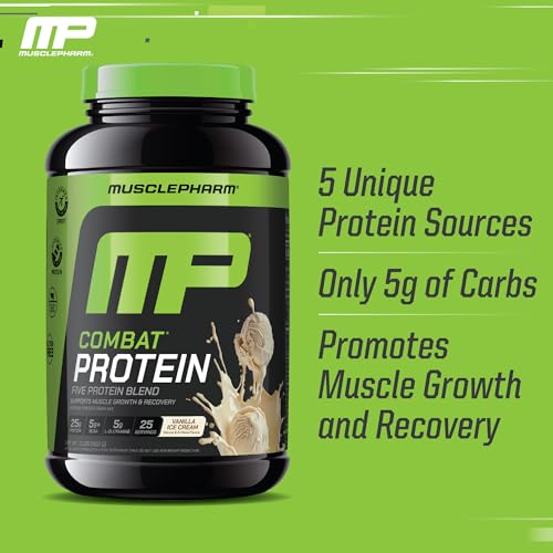 Image of MusclePharm Combat Protein Powder, Vanilla Flavor, Fuels Muscles for Productive Workouts, 5 Protein Sources Including Whey Protein Isolate & Egg Albumin, Gluten Free, 2 lb, 25 Servings
