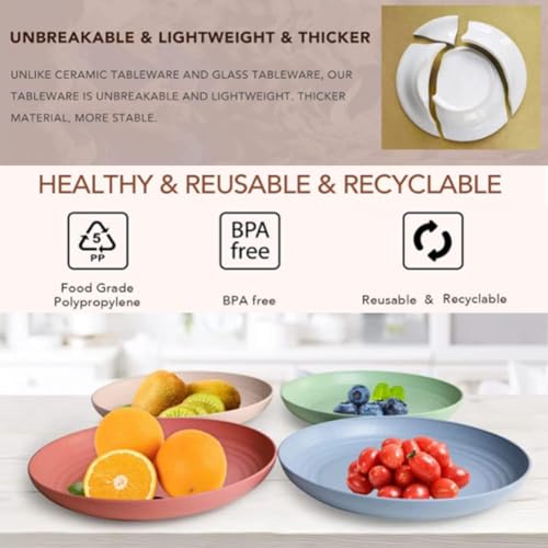 Image of Wheat Straw Plates Set of 8 - Unbreakable Round 9 Inch Dinner Plates for Kids & Adults - BPA-Free, Eco-Friendly, Dishwasher & Microwave Safe - Multicolor Set for Home, Camping & Outdoor Use