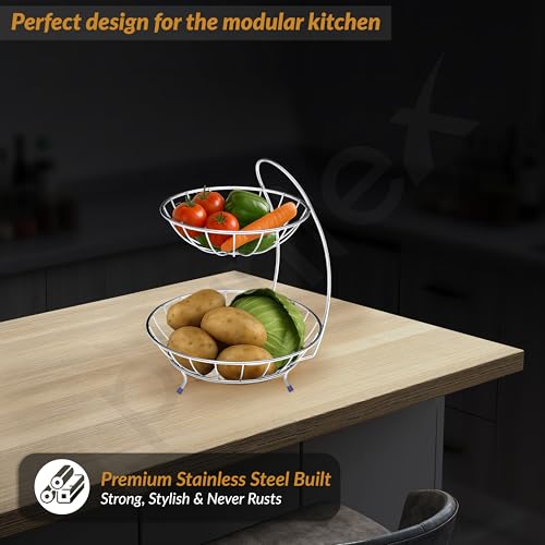 Image of Plantex Fruit Basket for Dining Table /2- Tier Stainless Steel Fruit Storage Basket Stand for Kitchen /Fruit And Vegetable stand for Kitchen(Chrome Finish)