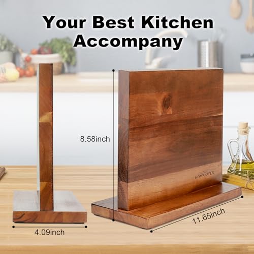 Magnetic Knife Block, Double Sided Magnetic Knife Holder Rack with Strong Enhanced Magnets, Acacia Wood Magnetic Knife Storage Stand with Stainless Steel Finger Protector