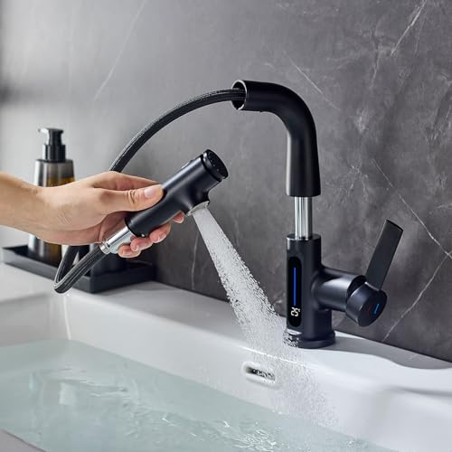 LakeBayMZC Robinet de lavabo avec affichage LED de la température,Robinet de salle de bain extensible,Mitigeur monocommande pour salle de bain,Avec 3 types de...