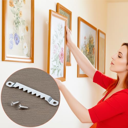 Image of QWORK Sawtooth Hangers Large with Screws, 100 Pcs, Steel with Zinc Finish, Includes 200 #6 x 1 /2 inch Screws, Canvas and Picture Frame Hangers