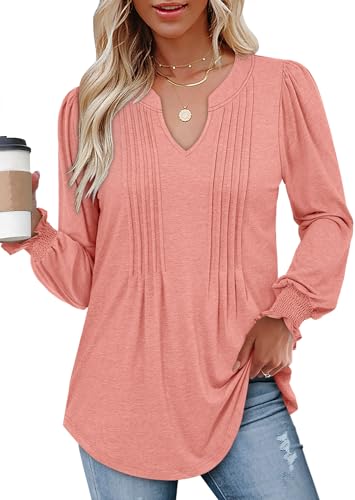 BETTE BOUTIK Long Sleeve Shirts for Women Fall Tops Dressy Blouses Pleated V Neck Tunic Tops for Leggings S-3XL