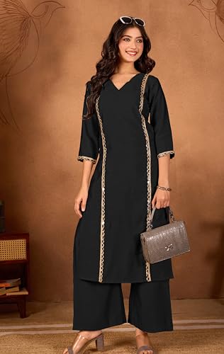 Image of Women Straight-Cut Kurta Pant Set with Subtle Golden Lace Embellishment | Elegant Ethnic Wear for Festive, Office & Casual Use