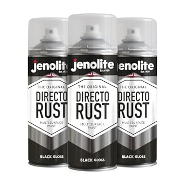 Jenolite Directorust Gloss Spray Paint - BLACK, 3 x 400ml, Direct To Rust, Multi Surface, RAL 9005