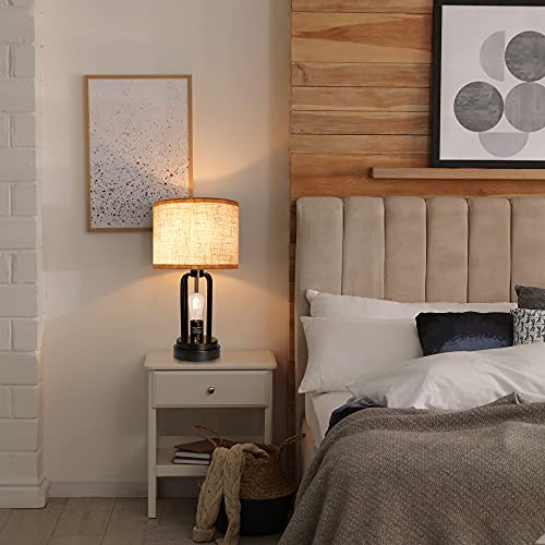 Suraielec Table Lamps With Night Light And Usb, Set Of 2, Industrial Farmhouse Table Lamp For Living Room Bedroom Nightstand End Table, Linen Drum Shade, Matt Black Metal Base, 2 Lower Bulbs Included #TOP7