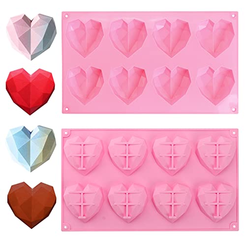 Herzform Backform, 3D Diamant Herz Formen Silikonform 8-Kavität Silikon Herzform Schokoladenformen, Herzform Kuchenform Zum Backen Käsekuchen,Mousse,Schokolade,Eiswürfel(Rosa)