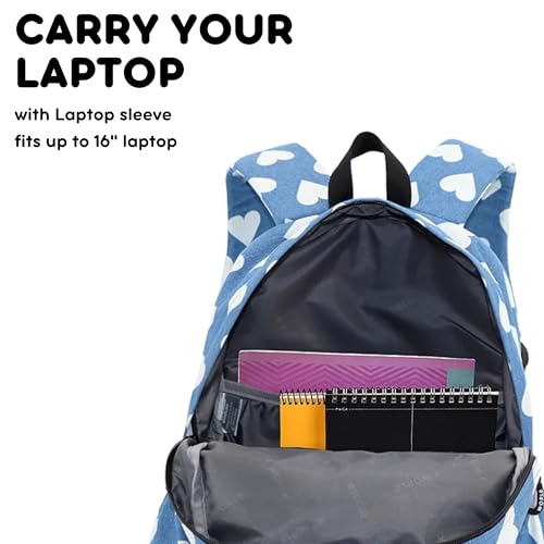 Image of J World Oz Middle School Backpack for Kids. Cute Laptop Bookbag for Girls Boys, Denim Heart