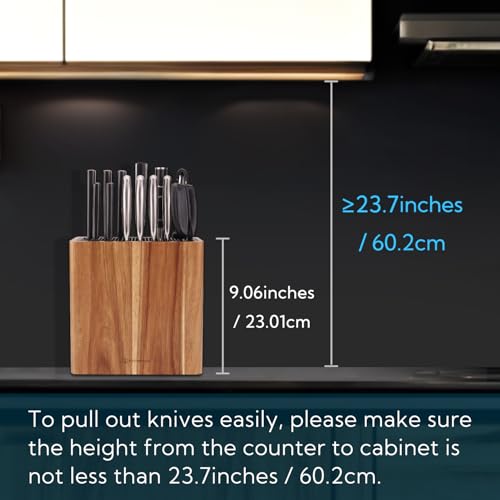 KITCHENDAO XL Acacia Wood Universal Knife Block Holder with Slots for Scissors and Sharpening Rod, Safe, Space Saver Knives Storage Stand Display Without Knives, Unique Slot Design to Protect Blade - Image 3