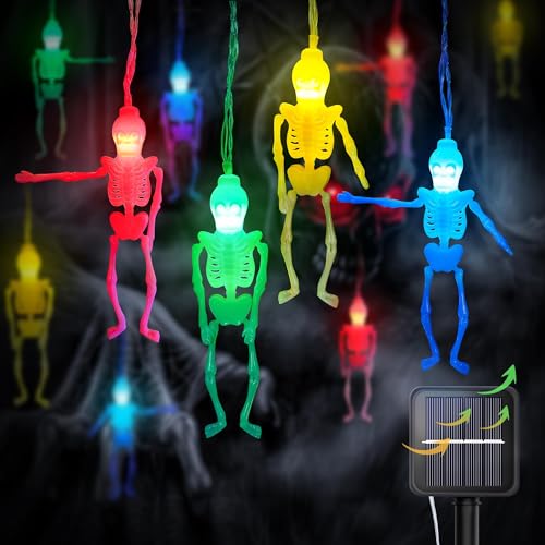HEYFUNi Halloween Decorations - 14Ft 20LED Skeleton Solar Lights With 2 Modes Spooky String Lights Waterproof for Outdoor Indoor Home Party Garden Patio Yard Decor Multicolor