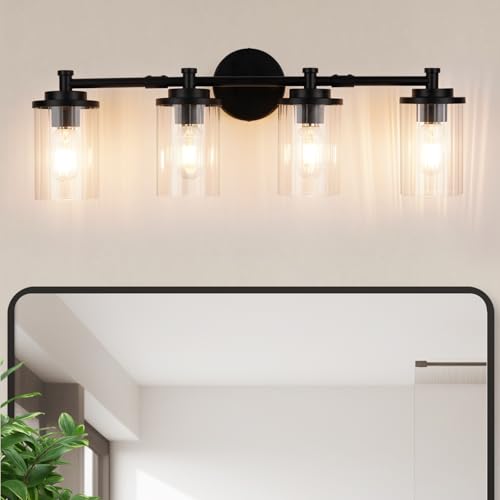 Image of Bathroom Light Fixtures Black Vanity Lights 4-Light Bathroom Vanity Light 30 Inches Vanity Lighting for Bathroom Wall Lamp for Mirror Farmhouse Vanity Lighting Fixtures for Hallway Wall
