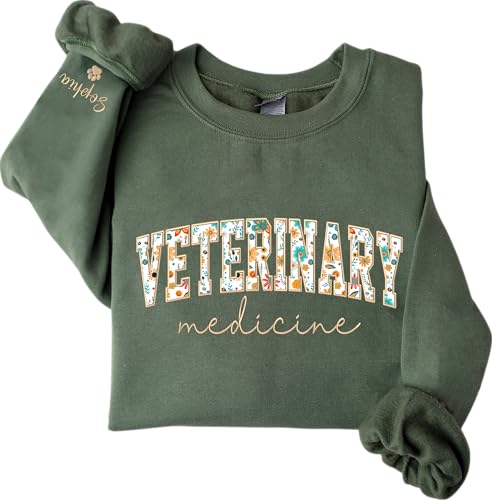 UrbanNEST Custom Veterinary Medicine Embroidered Sweatshirt, Personalized Veterinary Medicine Floral Applique Shirt, Custom Name on Sleeve with Heart, Gifts for Vet Tech, Vet Tech Sweater