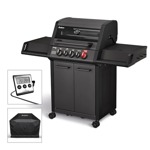 Enders® Gasgrill MONROE Pro 3 SIK TURBO Shadow + Wetterschutzhülle + Thermometer, 3-Brenner, Infrarot-Backburner, Seitenkocher, PanoVision Sicht, SWITCH GRID™, HEAT RANGE™, 800 °C TURBO ZONE™