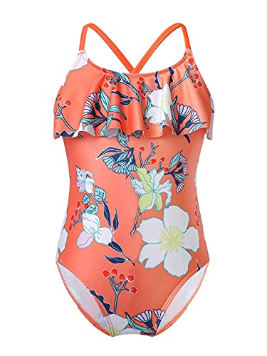 Girls Floral Printed One-Piece Swimsuit Kids Criss Cross Flounce Bathing Suit Swimming Leotard