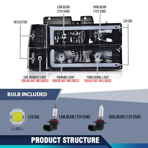 PIT66 LED DRL Headlights Assembly, Compatible with 1994-1998 Chevy C10 C/K 1500 2500 3500 Fit 94-99 Tahoe Suburban Yukon w/Turn Signal Bumper Lights Corner Lamps Headlamp Smoke Lens Clear Reflector - Image 6