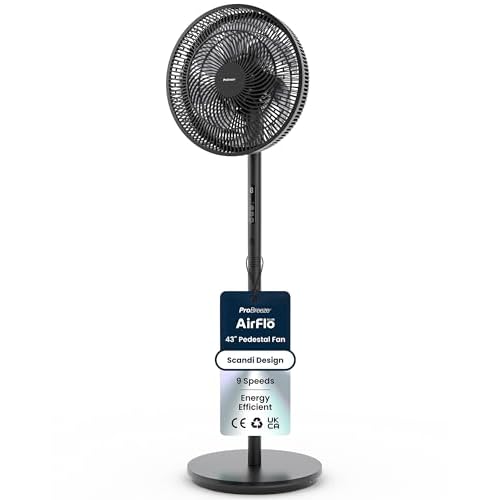 Pro Breeze AirFlo Slim 43 inch Pedestal Fan - Whisper Quiet & Powerful Standing Fan, Energy Efficient, 9 Speeds, Powerful Airflow, Adjustable Height, 95° Oscillation, Scandi Bedroom Night Ho