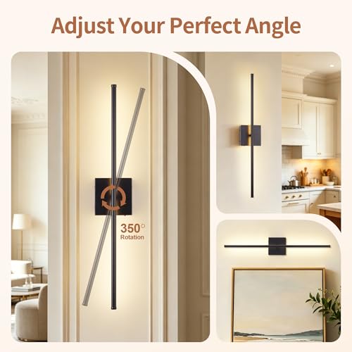 Image of KARTOOSH 28.3 Inch Wall Sconces Battery Operated for Living Room Black | Rechargeable Wireless Wall Lamp Set of 2, 3000K Warm White Dimmable Wall Light Remote Control Indoor Lighting for Bedroom