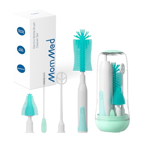 Image of MomMed Electric Bottle Brush, Electric Baby Bottle Brush Set - Silicone Brushes for Bottles, Pacifiers, Straws, Mixing Head, Drying Rack - 2 Cleaning Modes, 360° Rotation