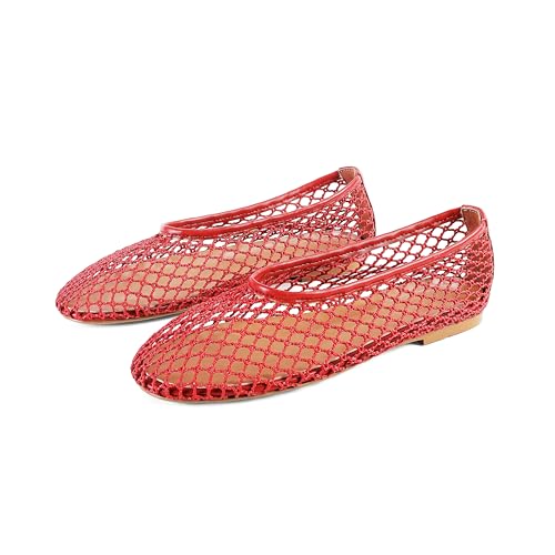 SOVANYOU Womens Woven Ballet Flats Red Breathable Hollow Out Mesh Slip On Shoes Comfortable Dressy Casual Ballerina Flats Fishnet Flat Dressy Sandals