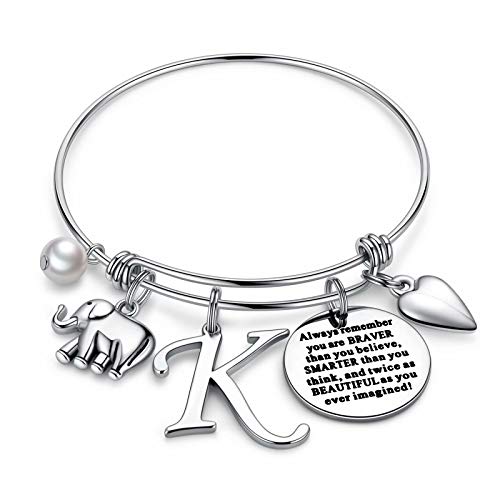 M MOOHAM Initial Bracelet Elephant Gifts - Elephant Bracelet Motivational Expandable Wire Bracelet Elephant Jewelry for Women Girls Gift Letter K Initial Bracelet Elephant Charm Bracelet for Women