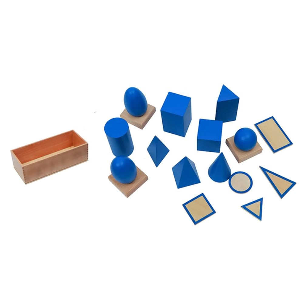Montessori geometryczne bryły z drewnianymi podstawami i pudełkiem do przechowywania, matowe niebieskie figury 3D, sensoryczna i edukacyjna zabawka do nauki geometrii