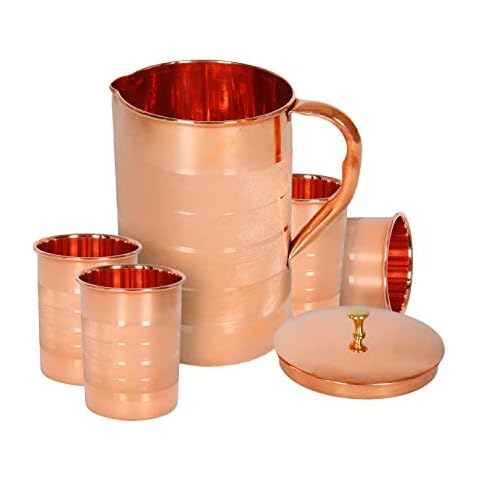 Indian Pure Copper Jug with 4 Tumbler Glass Set for Ayurvedic Healing, Capacity 1.6 Litre Cover
