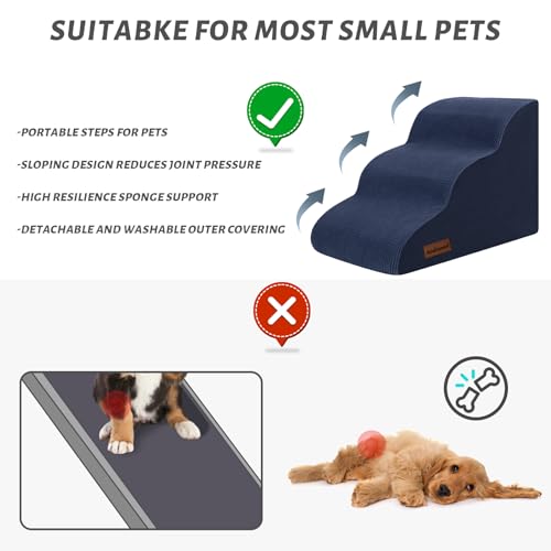 Image of Dog Stairs and Steps for Beds Or Couches, 3-Step Pet Stairs & Steps for Small Dogs and Cats, Soft and Non-Slip Dog Ramp for Older Dogs,Pet with Joint Pain,Easy to Walk | 15.7 inch H Non-Slip Sturdy Dog Steps with Curved Ramp for Senior,Short-Legged Dogs,Puppy and Cats to Reach Sofa or Chair,Blue
