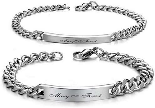 Pulsera personalizada de plata para él y para ella con eslabones de bordillo, grabado personalizado gratis - Se envía desde Estados Unidos, Acero