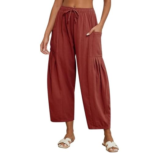 Women Linen Pants Wide Leg Boho Pants Loose Lightweigt Beach Palazzo Harem Pants with Pockets X-Large Burgundy