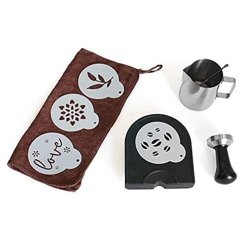 Yolococa 51mm Kaffee Tamper Set 304 Edelstahl Base Kaffeepresse Espresso Tamper mit Tampermatte, Milchkännchen, Barista Handtuch, Latte Art Stift und Dekoschablonen