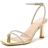 Mostrin Gold Strappy Rhinestone Heels for Women Ankle Strap Lace Up Square Open Toe Heels Stiletto High Heeled Sandals for Wedding, Prom, Party, Daily Size 8.5