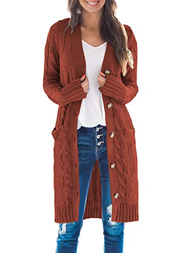 DOROSE Women s Long Sleeve Cable Knit Sweater Button Open Front Cardigans Coat with Pockets (Rust, Large)