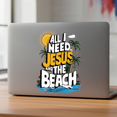 Image of Christian Car Decal All I Need is Jesus and the Beach Sticker - Funny Summer Bible Verse Vinyl Decal, Tropical Palm Tree Bumper Sticker, Faith Gift for Christian Beach Lovers Women