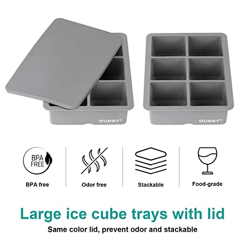 Large Ice Cube Tray Set Of 2, Silicone Ice Cube Trays With Lid & 2 Inch Flexible 6 Cavities Ice Trays For Freezer, Reusable Bpa Free Silicone Ice Cube Mold For Whiskey, Cocktails, Homemade(Grey) #TOP2