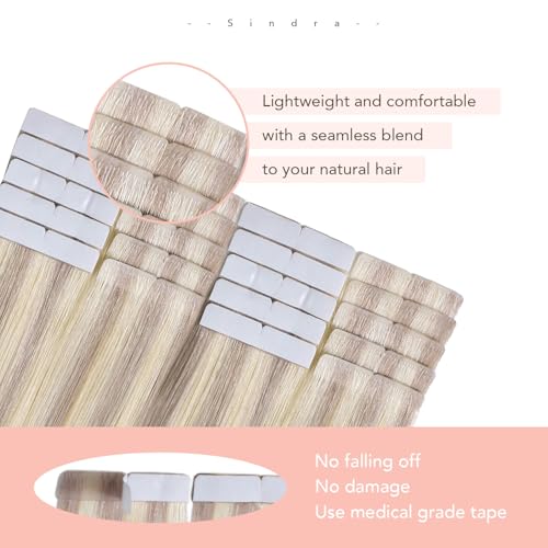 Image of Sindra Invisi Edge Tape in Hair Extensions Human Hair Blonde 18 Inch | Dirty Blonde Highlighted Bleach Blonde, 50g 20pcs, Seamless Injected Tape ins, Invisible Extensions Remy Hair, Straight
