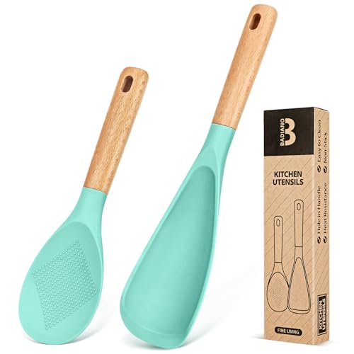 Image of Cooking Spoon And Rice Scooper for Nonstick Cookwares, Great for Cooking and Serving Durable BPA-Free Matte Silicone, Wood Handle Spoon for Mixing, Scoop, and Scrape
