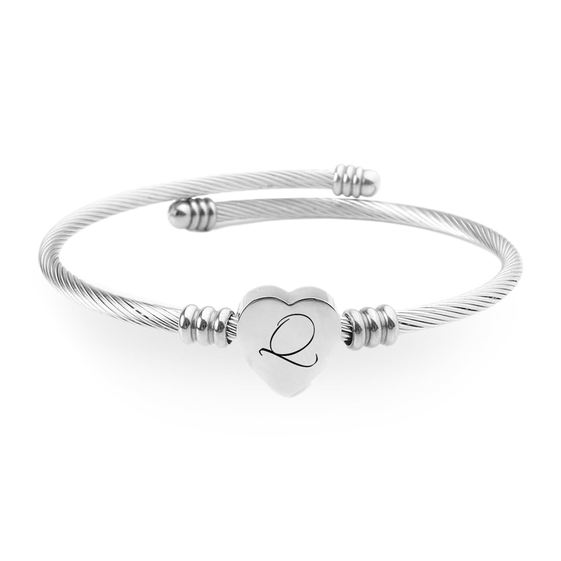 TNSRAY Lettera Q Bracciale con Cuore e Iniziale del Nome di Colore Argento, Bracciale a cavo Cuore, Iniziale del Nome lettera Q, regolabile, donna, Regali per mamma, fidanzata, moglie, figlia