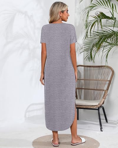 Image of Riyiper 2 Pieces Women's Short Sleeve Maxi Dress Round Neck Casual Loose Split Long Summer Beach Shirt Dress with Pockets