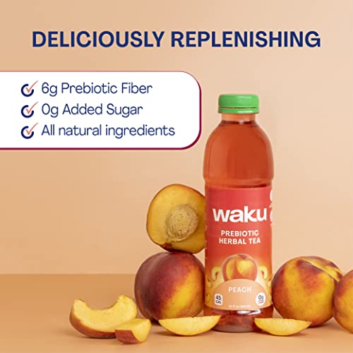 Waku Prebiotic Herbal Iced Tea | Peach | Caffeine Free, Zero Sugar, Real Brewed | Gut Healthy Drinks, 5G Of Prebiotic Fiber | 12 Pack - 14Oz Pet Bottles #TOP2