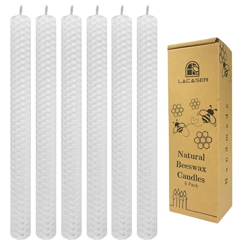 Lacaser White Beeswax Taper Candles Set of 6 Pcs...