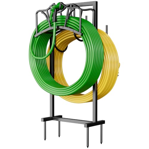 Garden Hose Holder Holds 2 x 150FT Hoses, Water Hose Holder with 4 Spikes, Rustproof Freestanding Hose Reel Storage for Outside Yard Lawn Farm, Black by DECLUTTR - Used condition - CA$32.54